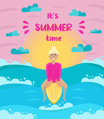 Fototapeta na wymiar Blonde girl on surfboard in the sea. Summer time. Flat vector illustration. 