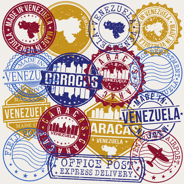 Caracas Venezuela Set of Stamps. Travel Stamp. Made In Product. Design Seals Old Style Insignia.