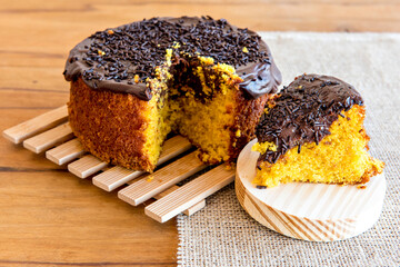 Carrot cake with chocolate icing. Brazilian carrot cake.