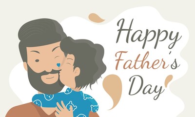 Father's day cute flat design cartoon characters background, father 's got a big kiss from his child