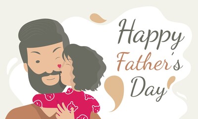 Father's day cute flat design cartoon characters background, father 's got a big kiss from his child
