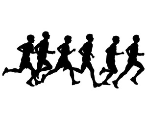 Naklejka na ściany i meble Young athletes run a marathon. Isolated silhouettes on white background