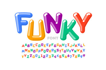 Funky playful style font design, colorful alphabet letters and numbers, vector illustration