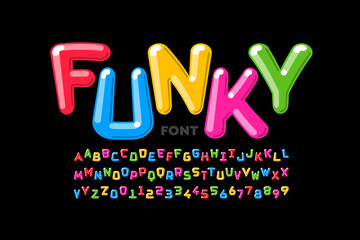Funky playful style font design, colorful alphabet letters and numbers, vector illustration