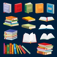 Cartoon books, bestsellers, school textbooks vector set. Closed and open dictionaries with colorful covers and bookmarks. Single objects and piles, books stand in row on bookshelf in store or library © Buch&Bee
