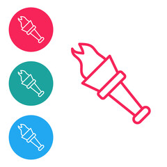 Red line Torch flame icon isolated on white background. Symbol fire hot, flame power, flaming and heat. Set icons in circle buttons. Vector