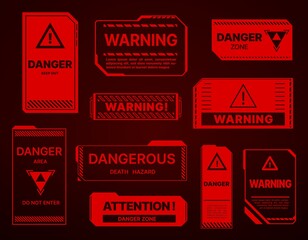 HUD danger zone, warning and alert attention red signs. Vector caution keep out, death hazard, do not enter futuristic ski fi UI interface. Modern technology style elements, pop up alarm screens - obrazy, fototapety, plakaty