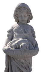 Close up of stone sculpture of girl holding puppies in basket on white background
