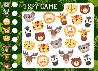 Kids I spy game with cartoon funny animals characters. Vector educational riddle with koala, lion or leopard, giraffe and tiger with bear, zebra and moose. Development of numeracy skills and attention