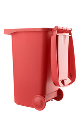 Plastic red trash can isolated on white background