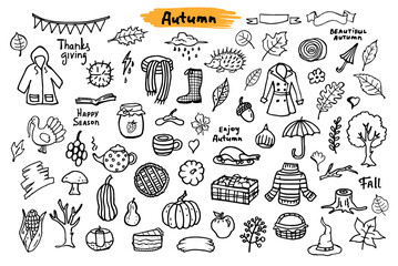 autumn fall thanksgiving seasonal sketchy silhouetttes objects, grungy doodle set collection in black color