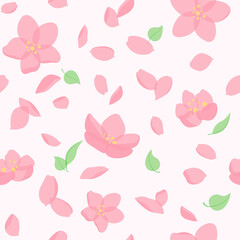 Seamless pattern with flying sakura flowers and petals. Blooming cherry or apple tree. Background for wedding invitation, greeting cards, presentation.