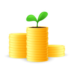 Stack of golden coins with a seedling or growing young green plant on top. Business investment and saving money concept. Vector illustration of financial growth isolated on a white background