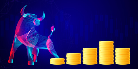 Stack of golden coins with abstract silhouette of a bull. Business investment, trading and saving money concept. Vector neon line art illustration of financial growth and dividends in bullish market