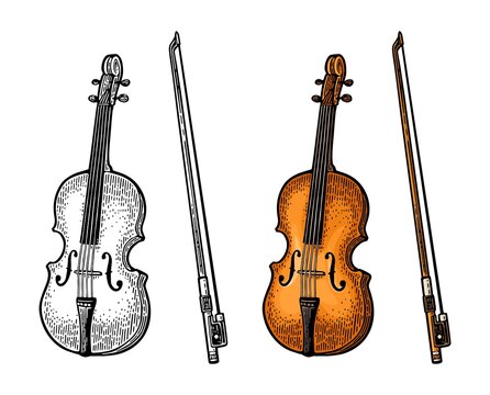 Violin with bow. Vector vintage color and monochrome engraving