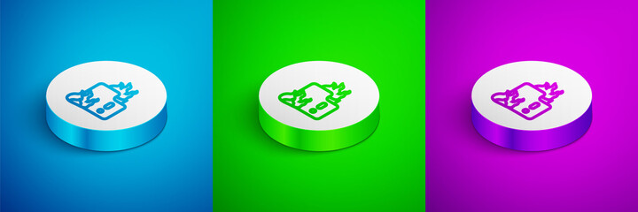 Isometric line Fire in burning house icon isolated on blue, green and purple background. White circle button. Vector