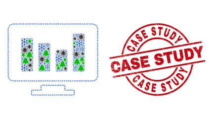 Winter viral mosaic online chart, and rubber Case Study red round stamp. Mosaic online chart is made of viral, forest, and ice crystal items. Red Case Study stamp seal uses circles and lines.