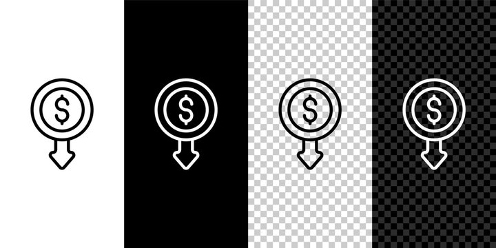 Set line Dollar rate decrease icon isolated on black and white, transparent background. Cost reduction. Money symbol with down arrow. Business lost crisis decrease. Vector