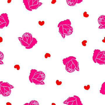 Seamless pattern pink roses and red hearts on white background. Floral Valentine day print, eps 10