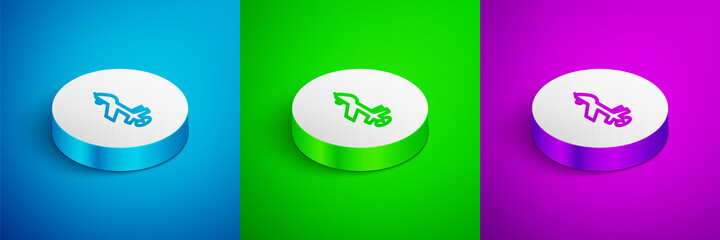 Isometric line UAV Drone icon isolated on blue, green and purple background. Military Unmanned aircraft spy. White circle button. Vector