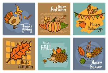 autumn fall thanksgiving colorful handwritten hand drawn cute cards backgrounds on abstract marker brush strokes textures