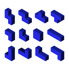Volume isometric isolated shapes geometric objects and flat simple abstract graphic tetris elements such as cubes, rectangles, bricks are here for your win-win variant of the trendy design project.
