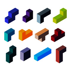 Fototapeta na wymiar Abstract 3D colorful isometric tetris shapes created with trendy geometric elements. The decorative flat constructor structure of square, block objects. Volume modern shapes for card, flyer, banner.