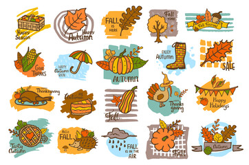 hand drawn handwritten autumn fall thanksgiving cute cartoon labels greeting cards badges backgrounds with leaves tree umbrella acorn rain cloud pumpkin turkey corn pie hedgehog on marker brush stroke