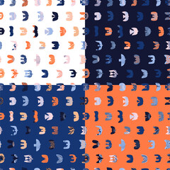 Bright seamless pattern with flowers and birds. Orange, blue and white colors. Endless surface pattern design illustration. Hippie boho style, retro vibe. Fabric wrapping textile wallpaper design.