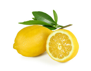 Fresh juicy lemon, whole with leaves and half isolated on white background