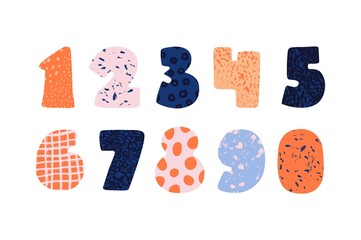 Cute numbers set isolated on a white background. blue, orange and pink colors. Bold textured numbers. For school, birthday, math.  Funny numbers collection for kids, design and crafr, scrapbooking art
