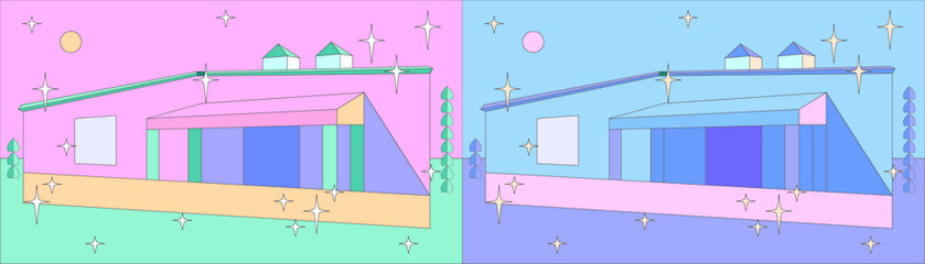 Playful composition of basic geometric shapes. Perspective architecture sketches with houses plants, sun, moon, stars. Sparkling day and night concept of architectonical visualization. Pastel colors.