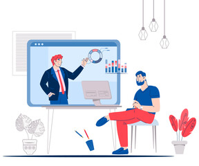 Business negotiations online service or platform concept with people communicating online. Business partnership and online negotiations, flat cartoon vector illustration isolated on white.