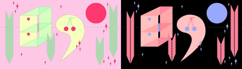 Cherry composition, abstract geometric shapes. Perspective architecture sketches with green plants and cherries. Day and night concept of architectonical visualization and ecological growth analysis.