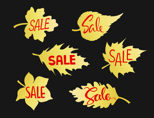 Fototapeta na wymiar autumn fall leaves shape sale banners in gold gradient on black background