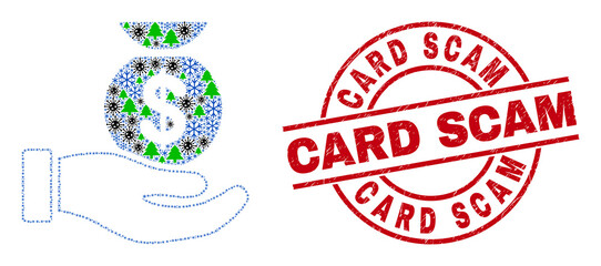 Winter pandemic collage financial service hand, and rubber Card Scam red round stamp seal. Collage financial service hand is done with viral, forest, and snow items.