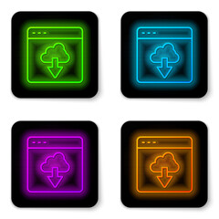 Glowing neon line Cloud technology data transfer and storage icon isolated on white background. Black square button. Vector