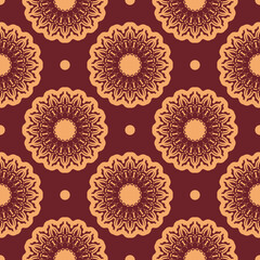 Burgundy and yellow seamless pattern with decorative ornaments. Good for backgrounds, prints, apparel and textiles. Vector illustration.