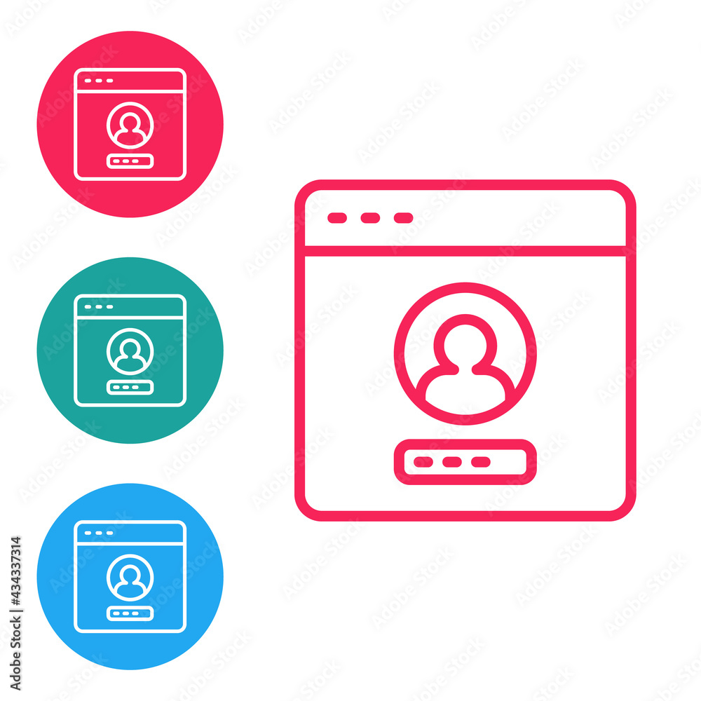 Poster red line create account screen icon isolated on white background. set icons in circle buttons. vecto