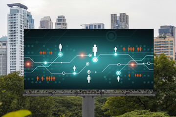 Glowing Social media icons on road billboard over panoramic city view of Bangkok, Southeast Asia. The concept of networking and establishing new connections between people and businesses.