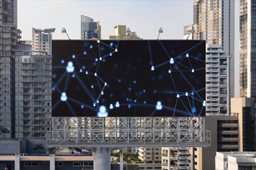 World planet Earth map hologram and social media icons on billboard over panorama city view of Bangkok, Southeast Asia. The concept of people networking and connections.