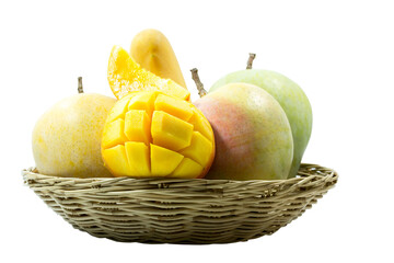 xtra jumbo size of organic R2E2 mangoes in basket for sale at the fruit market. Row 2 Experiment 2, R2E2 apple mango is the colourful and delicious mango for export.clipping paths image..