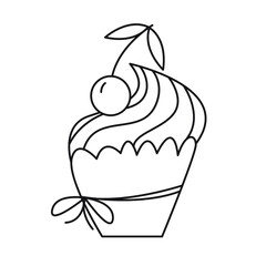 Coloring page. Black and white illustration muffin with cream and cherry. Line art design for adult or kids colouring book.