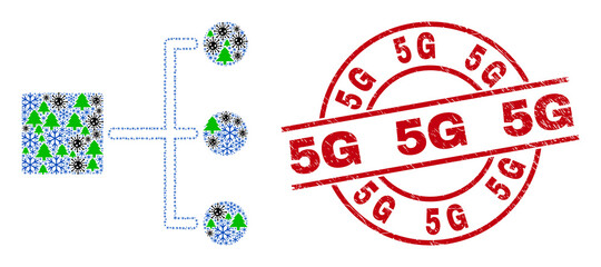 Winter coronavirus mosaic hierarchy, and dirty 5G red round seal. Mosaic hierarchy is composed with coronavirus, green tree, and snowflake icons. Red 5G stamp uses circles and lines.