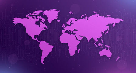 World map on purple background with glare and circuit elements 3d