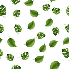 Seamless pattern with green realistic leaves. Good for menus, postcards, books, murals, and fabric. Vector illustration.