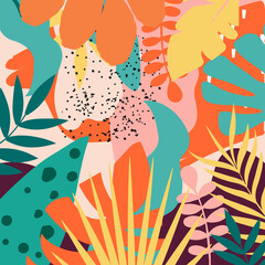 Colorful tropical leaves poster background vector illustration. Exotic plants, branches, flowers and leaves art print for beauty and natural products, spa and wellness, fabric and fashion