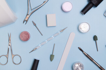 Tools and materials for manicure flat lay. Knolling nail care background
