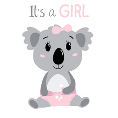 hand drawn baby girl koala in pink diapers. with text it's a girl. Vector isolated on white background. © Ira