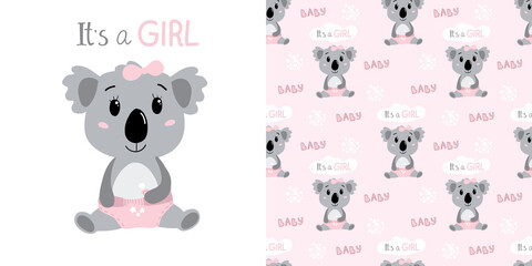 Fototapeta premium Hand drawn baby girl koala in diapers. Childish seamless pattern with koala character. Pink colors. Vector illustration